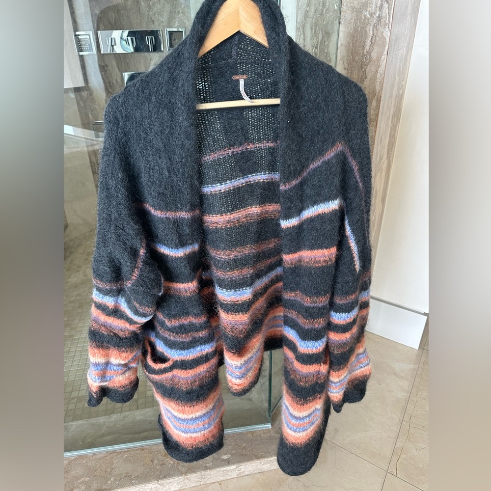 Free People Black Striped Open Cardigan with Rust and Blue Accents